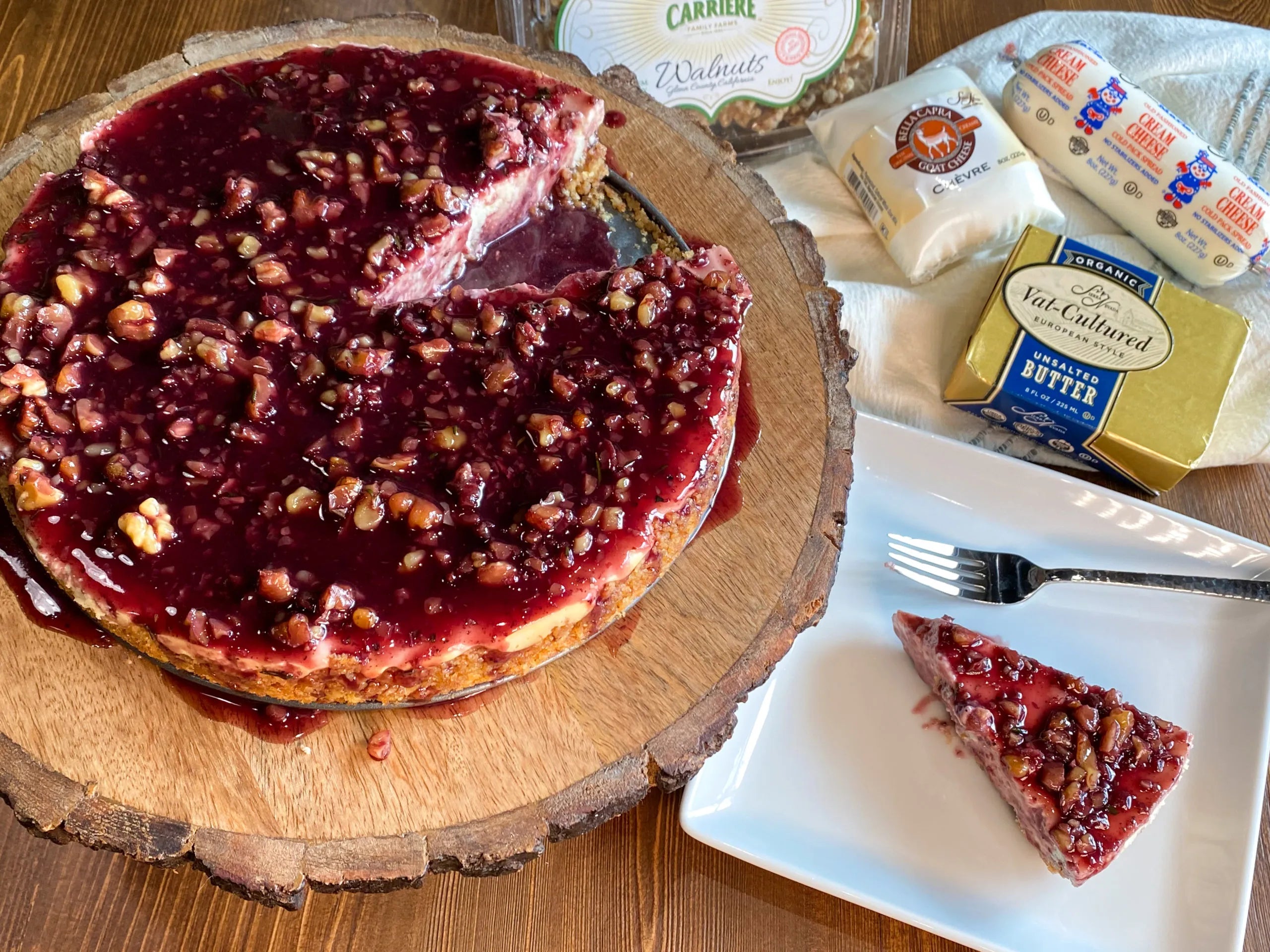 Goat Cheese Cheesecake with Wine & Walnut Sauce