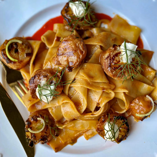 Creamy Pappardelle with Pancetta Wrapped Scallops