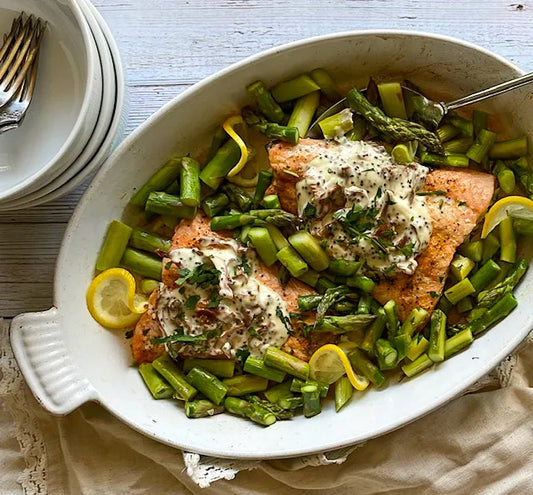 Baked Salmon and Asparagus with Crème Fraîche Sauce